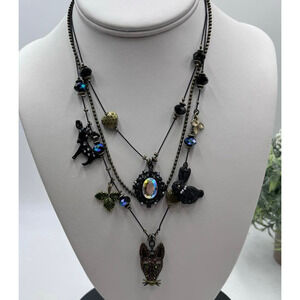 Betsey Johnson Dark Forest Triple Strand Gunmetal Necklace Fox Rabbit Charms